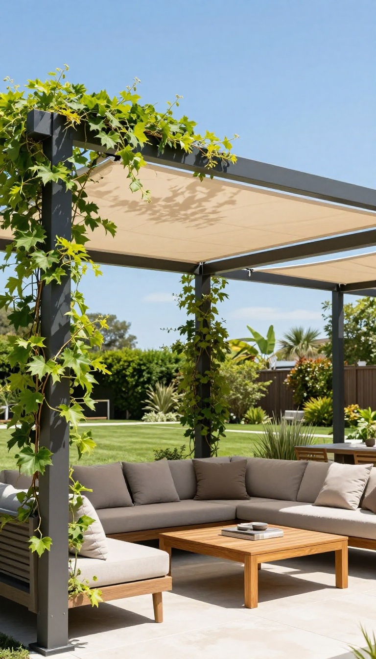 Backyard patio with aluminum pergola and shade sail, outdoor seating, and climbing plants
