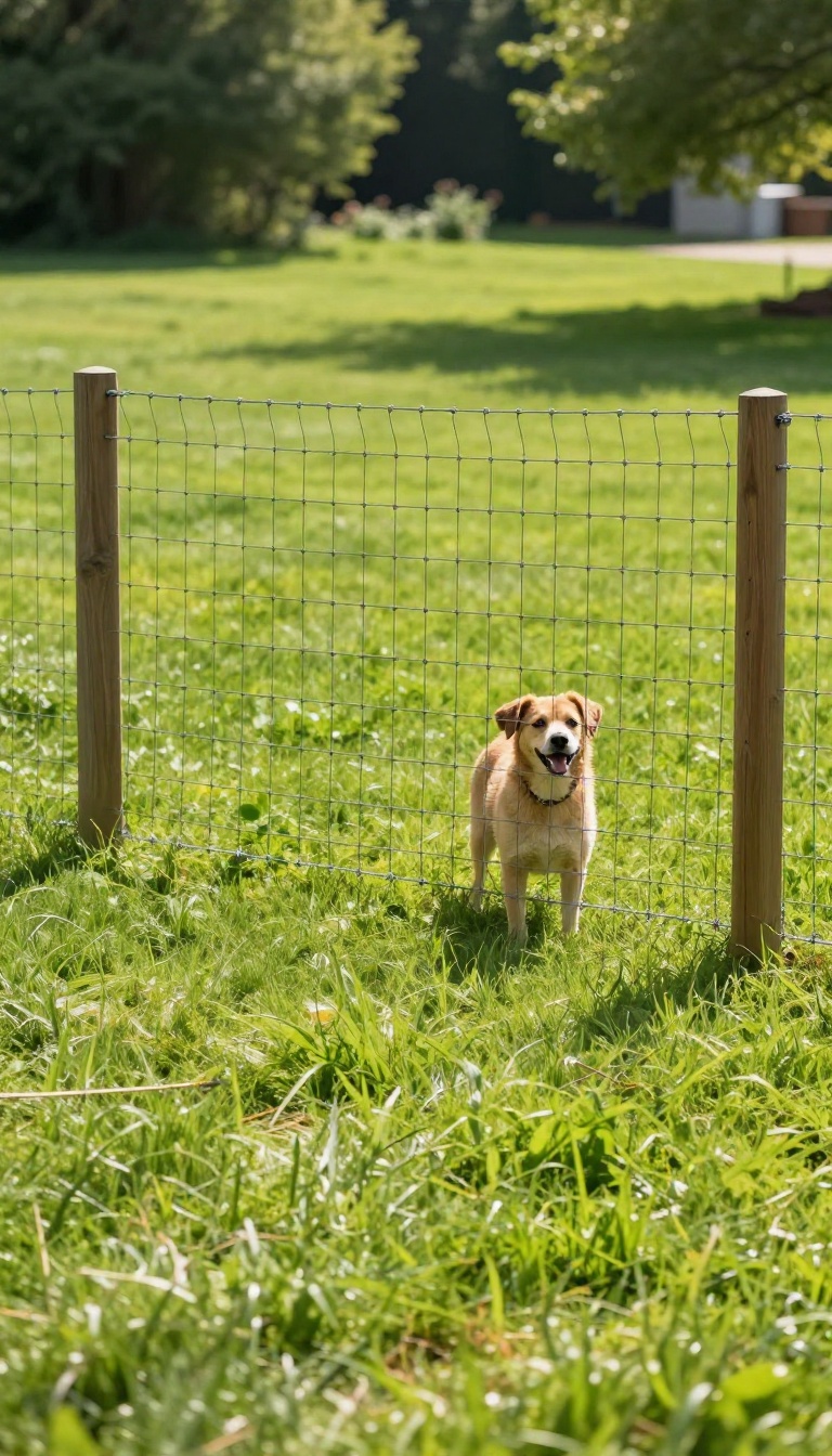 Welded wire fence with tight grid pattern installed on wooden posts in a sunny backyard with a dog safely behind it