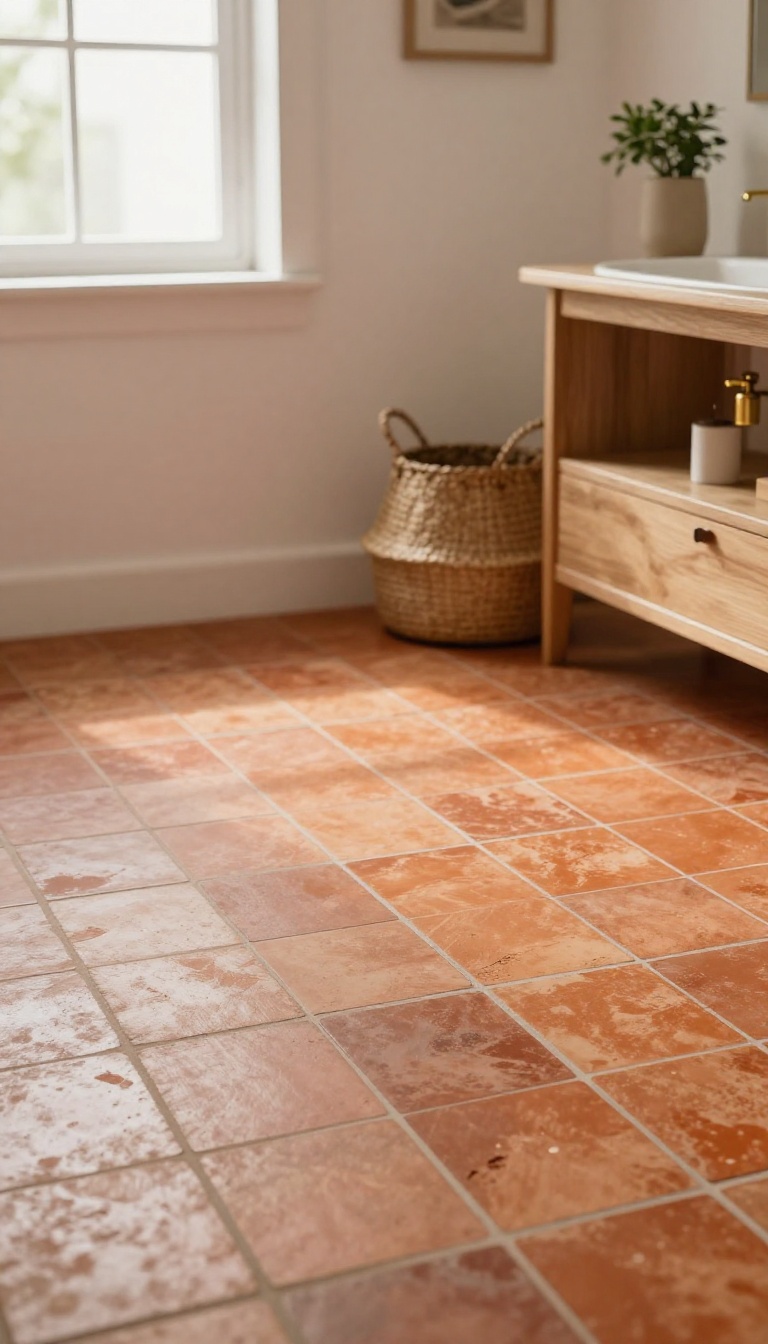Bright bathroom with warm terracotta peel and stick floor tiles, wood accents, woven basket, and a potted plant in natural light