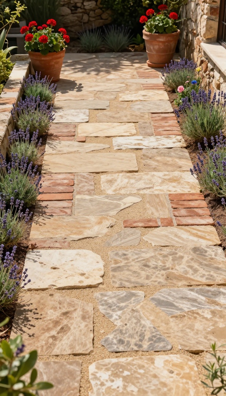 Weathered stone and reclaimed brick patio with irregular joints, creeping thyme, lavender borders, and terracotta pots in a sunlit Mediterranean backyard