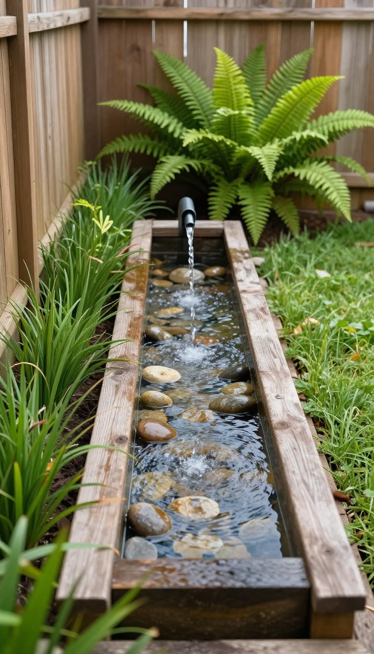 Slim trough water fountain tucked along a narrow backyard fence with river rocks and greenery