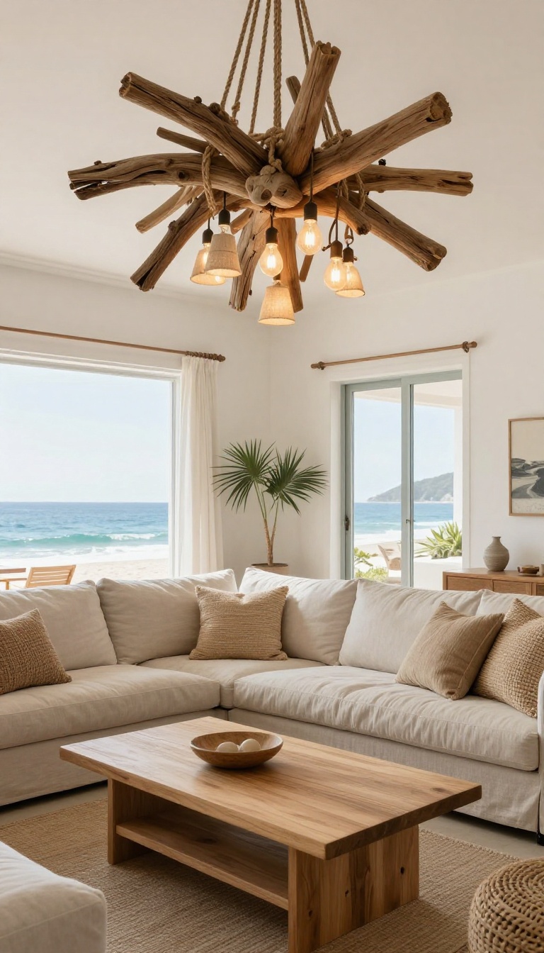 Coastal living room with a rope and driftwood chandelier hanging above a neutral sofa and light wood coffee table in bright natural light