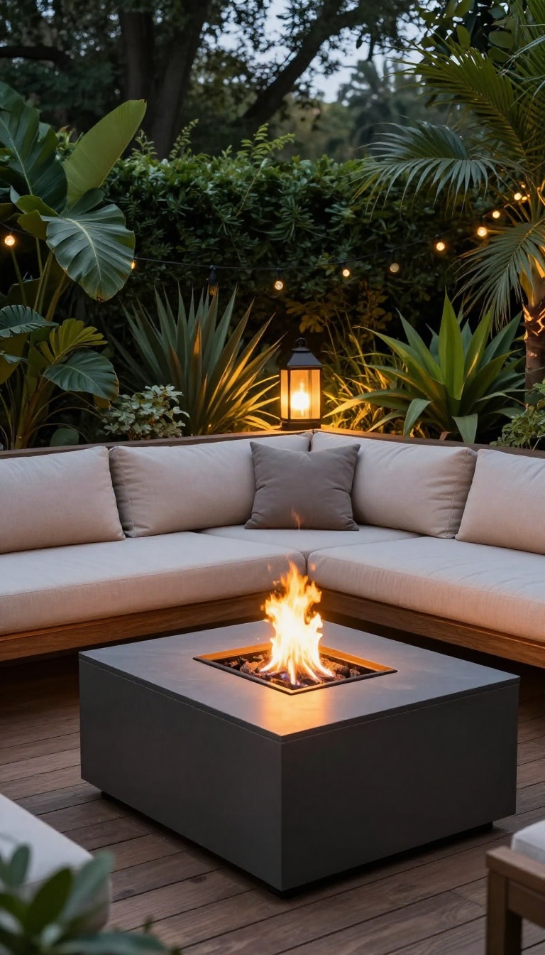 Outdoor sectional sofa arranged around a fire pit table on a cozy patio at dusk