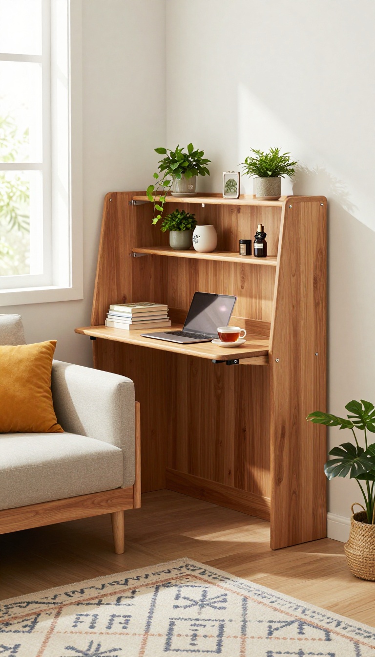 Fold-down wall desk in a small Indian living room with shelves and decor, by a window
