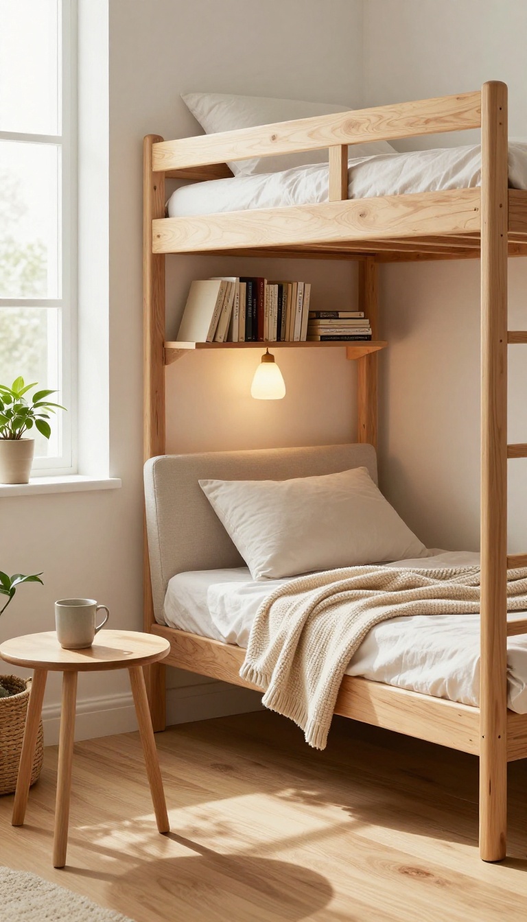 Cozy reading nook under a loft bed with a slim accent chair, floating bookshelves, warm reading light, and a soft throw blanket in a bright small bedroom