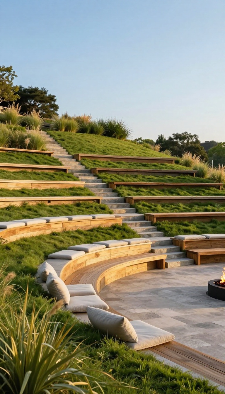 Terraced amphitheater-style seating built into a grassy sloped backyard with timber steps, cushions, and a fire pit stage area