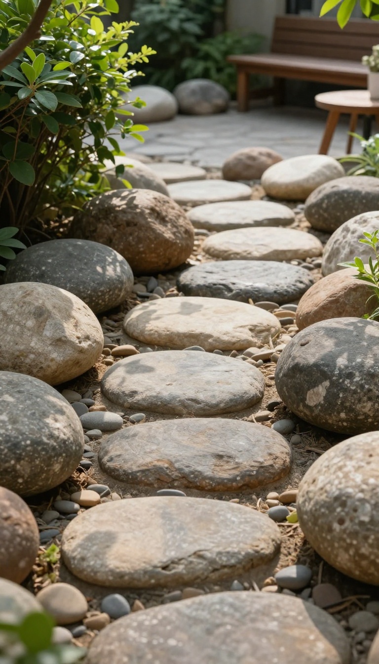 A naturalistic patio floor made of loose river rocks winding through a lush garden, with a cozy seating area in the background.