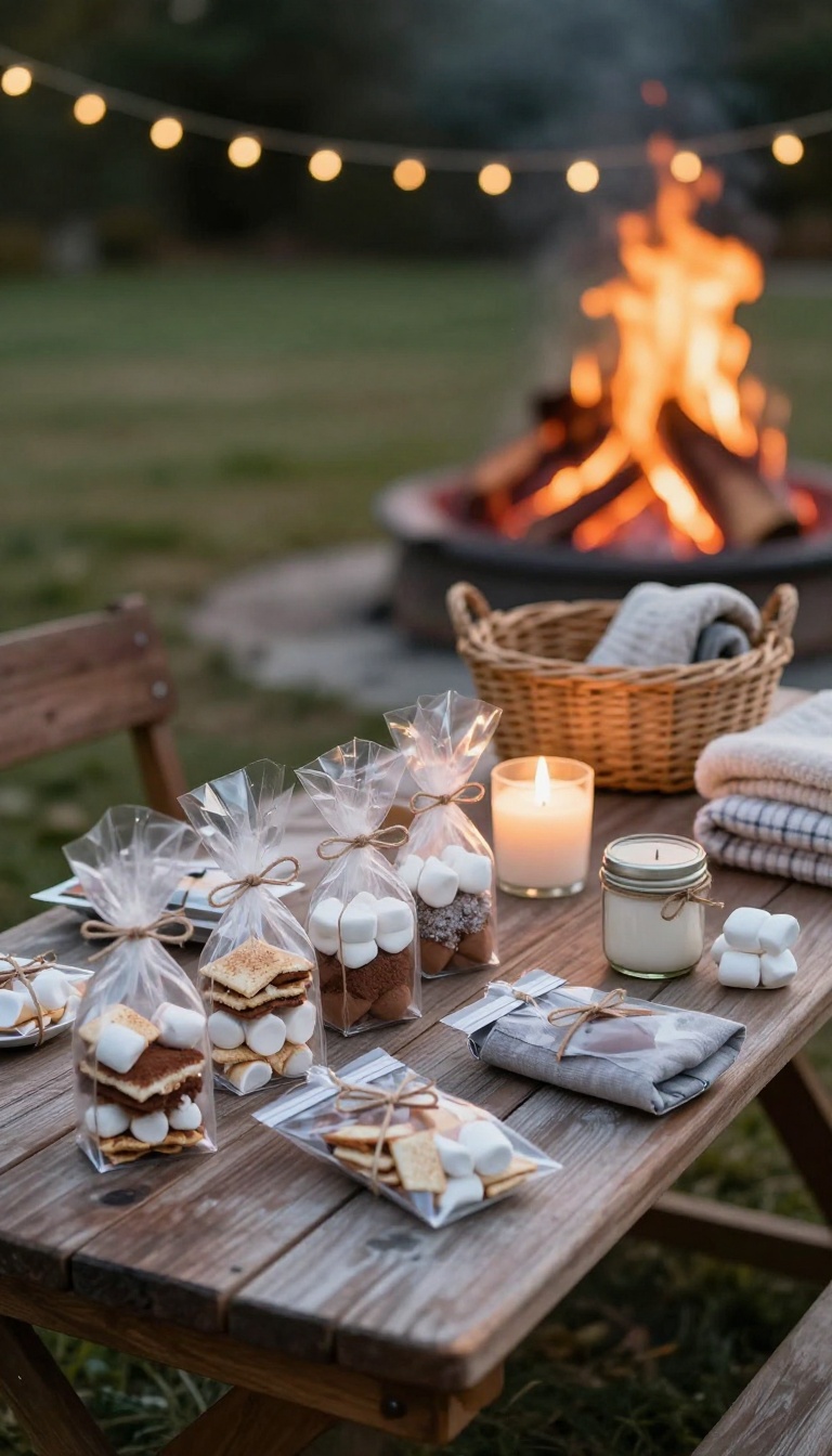 Cozy bonfire party favors on a rustic outdoor table, including mini s'mores kits, cocoa mix jars, and small mason jar candles with warm string lights in the background