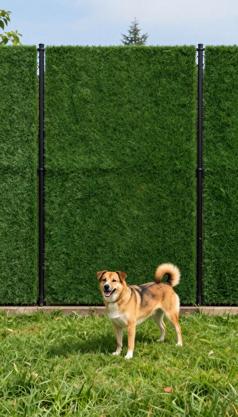 Chain link fence with green privacy slats in a sunny backyard with a calm dog standing on the grass
