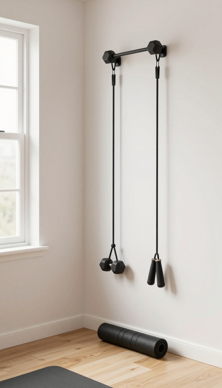 Slim vertical wall rack holding dumbbells, resistance bands, and a jump rope in a bright small bedroom workout corner