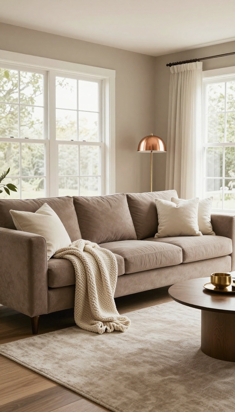 Cozy living room with taupe sofa, deeper taupe accent wall, cream textiles, and warm metallic accents in natural light.