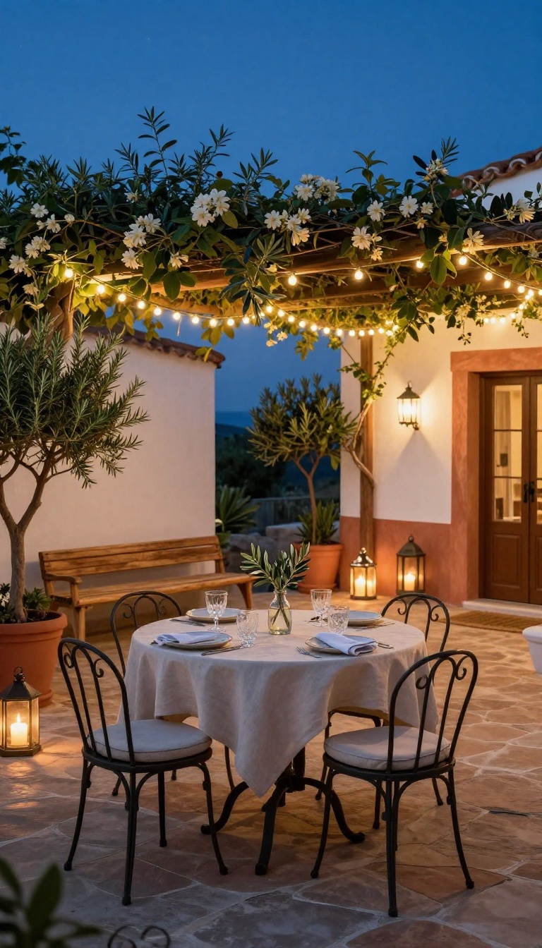 Mediterranean backyard outdoor dining nook for two under warm string lights with ceramic table settings and coastal decor