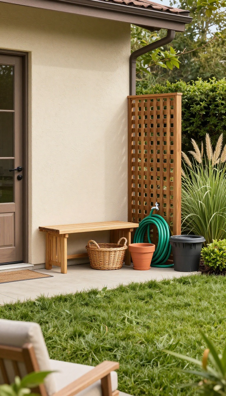 Tidy backyard corner with a wooden storage bench, lattice privacy screen hiding bins and a hose reel, and a decorative hose pot on a sunny patio