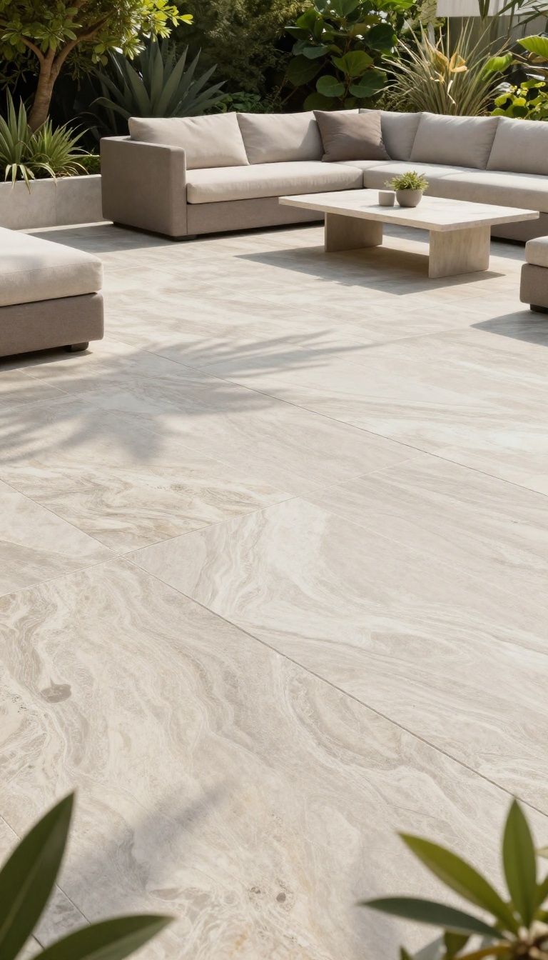Large-format porcelain pavers mimicking natural stone on a modern patio with outdoor furniture and greenery