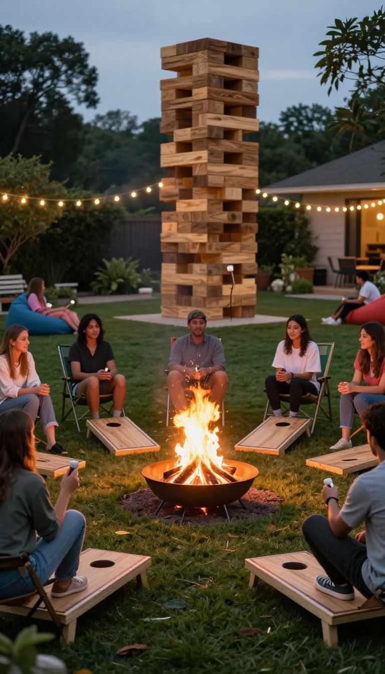 Backyard bonfire with cornhole boards and lawn games set up around the fire pit under string lights