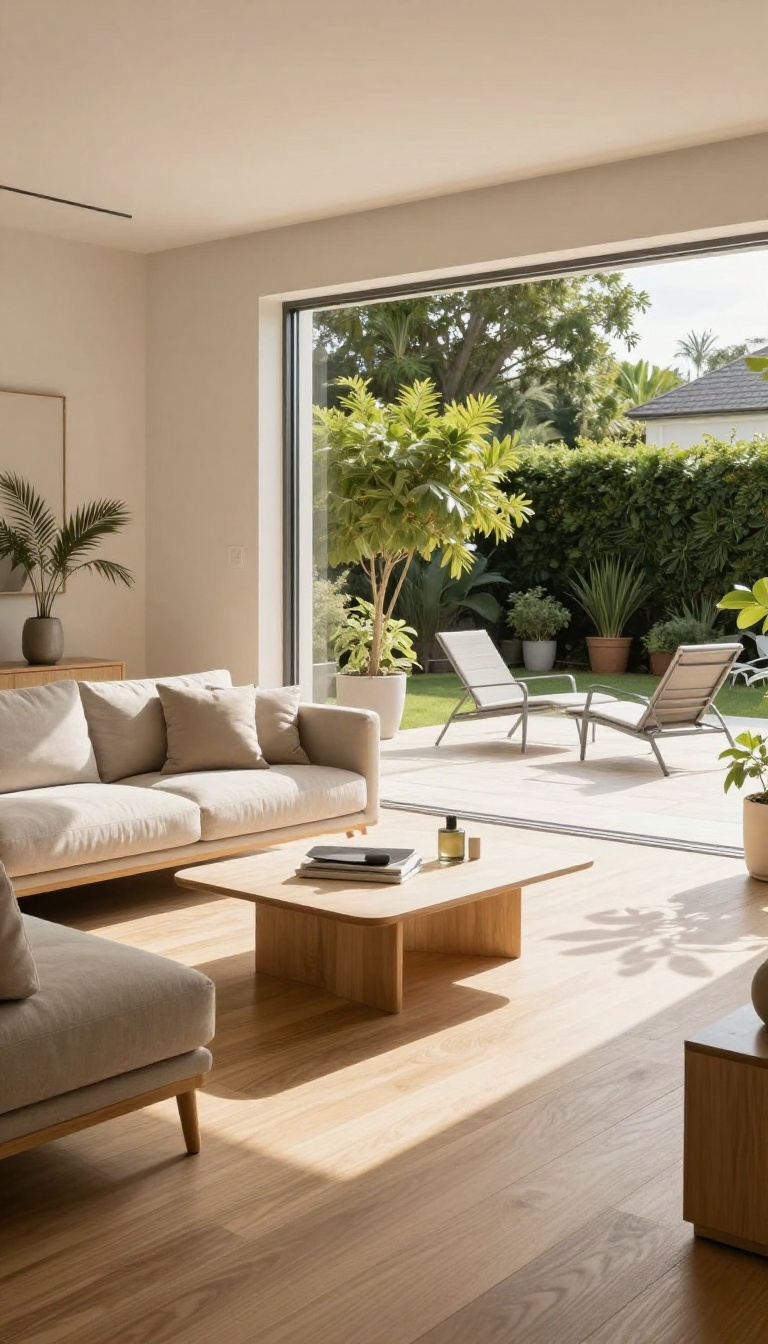 Living room with wood-look porcelain tile flowing continuously through open glass doors onto a sunlit backyard patio with matching flooring
