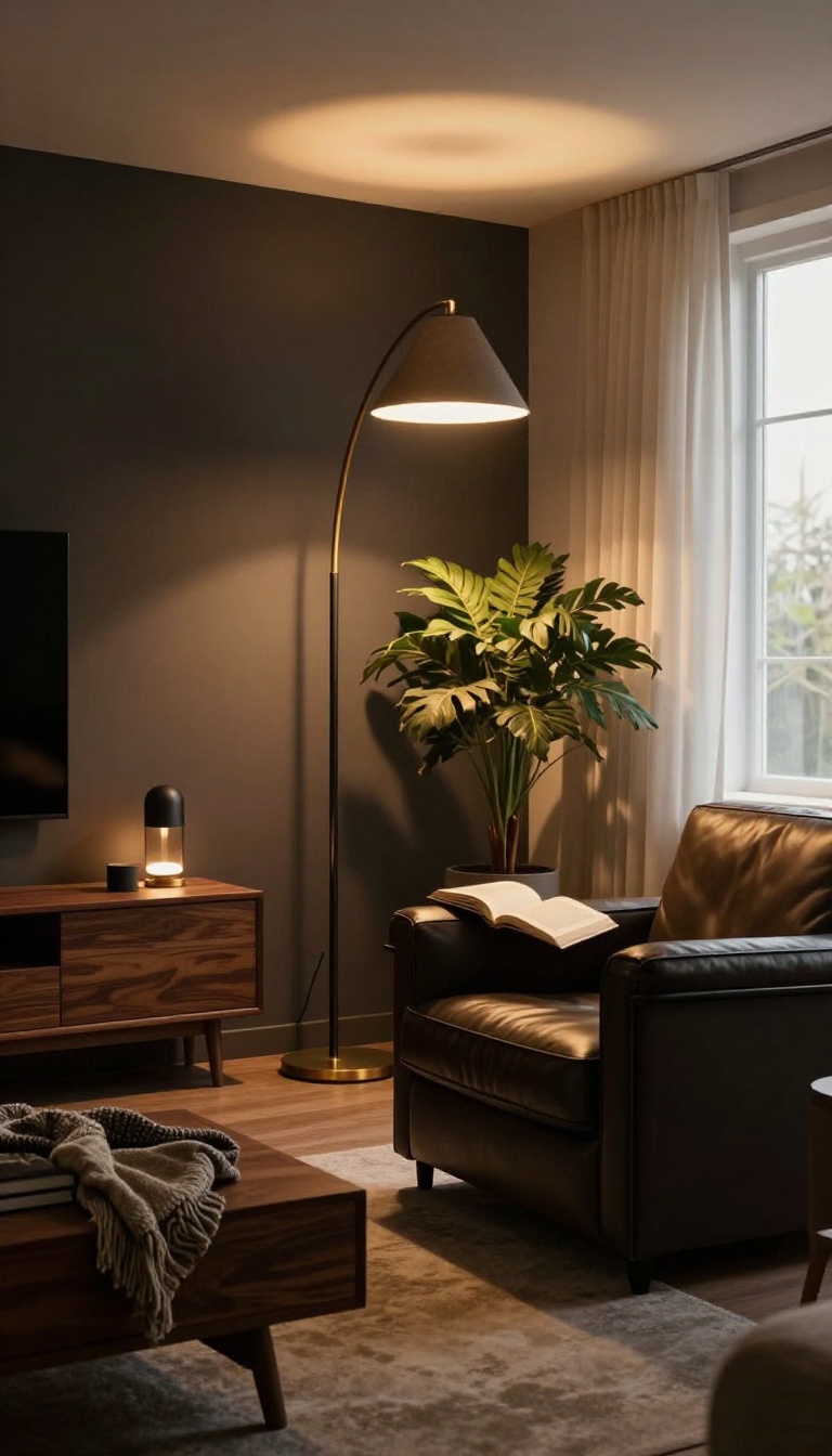 Masculine living room at dusk with layered ambient, task, and accent lighting from a table lamp, floor lamp, and shelf lamp