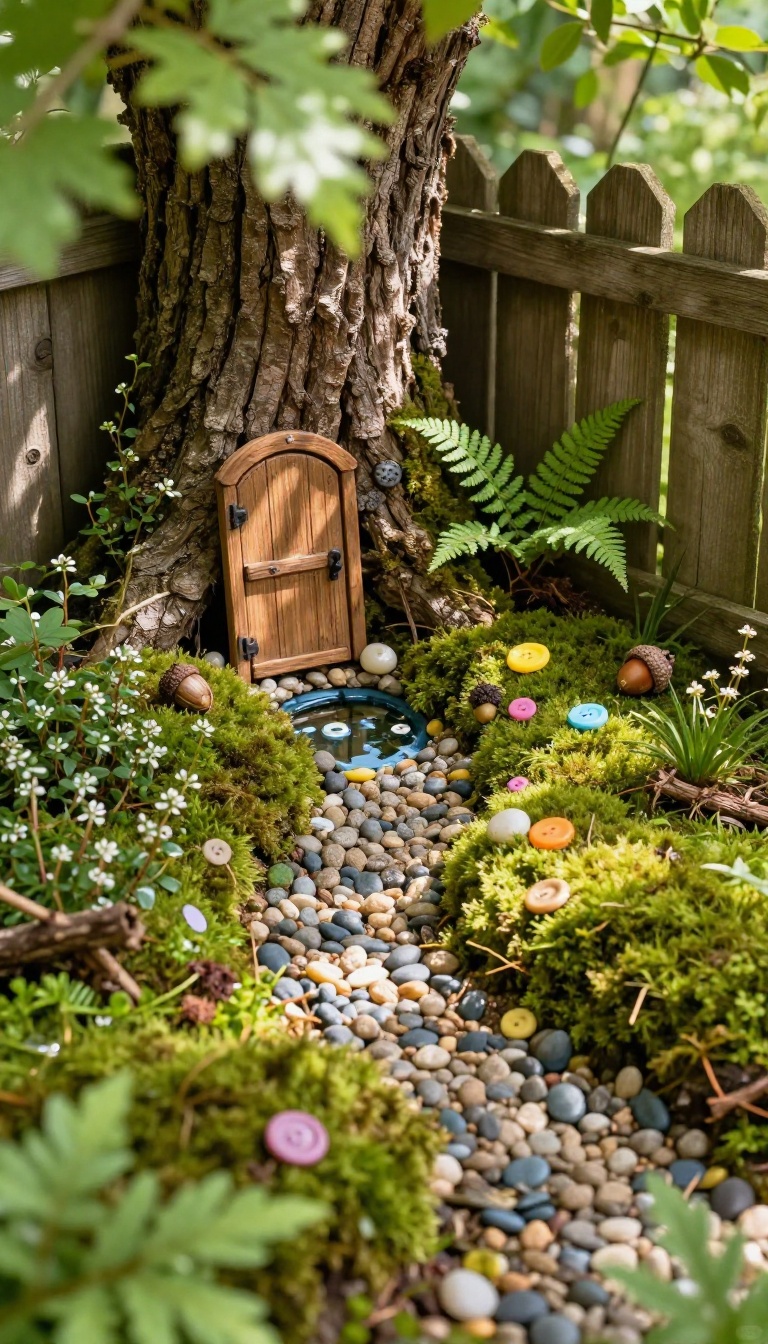 Miniature fairy garden with moss, pebbles, tiny furniture, and a small pond in a shady backyard corner under a tree