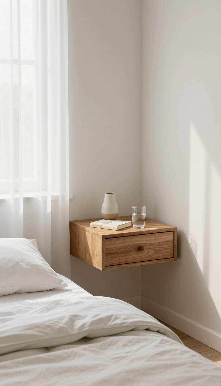 Narrow wall-mounted nightstand beside a neatly made bed in a bright small bedroom