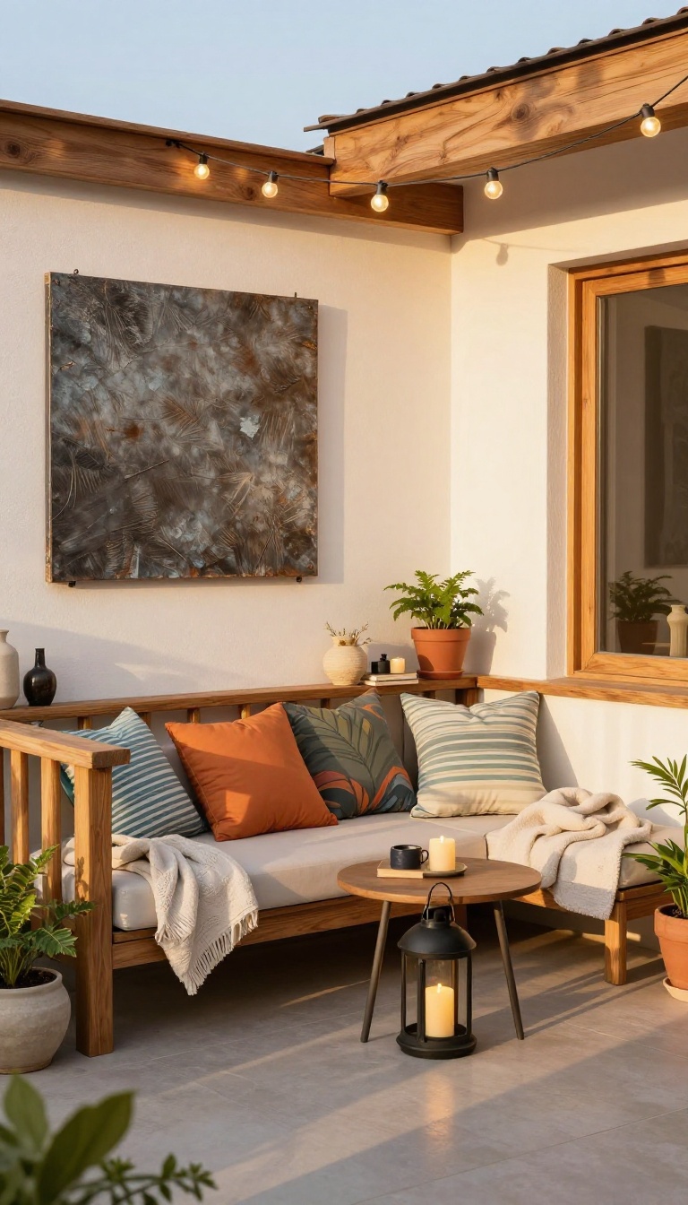 Cozy apartment patio with personal decor, art, string lights, and colorful textiles at golden hour