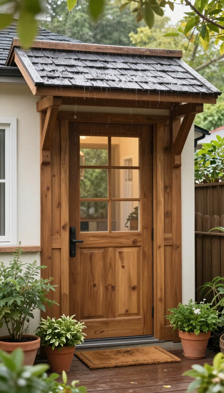 Covered wooden pergola and awning over a backyard deck doorway creating a protected outdoor transition zone