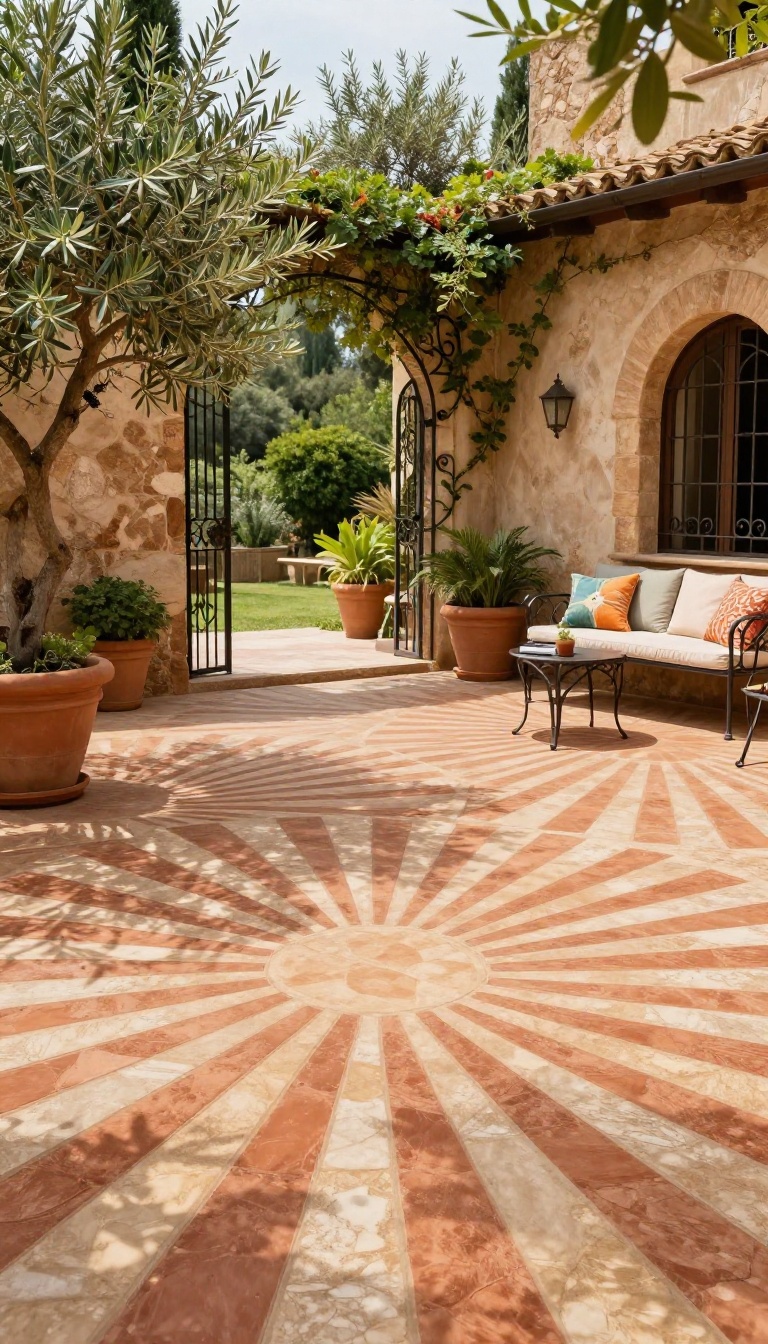 Stamped concrete patio with a fan pattern in terracotta tones, surrounded by Mediterranean landscaping and a stucco wall.