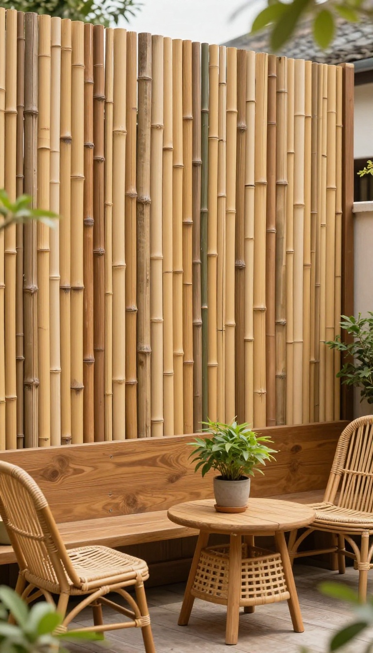 Bamboo privacy screen on a patio with cozy seating and plants