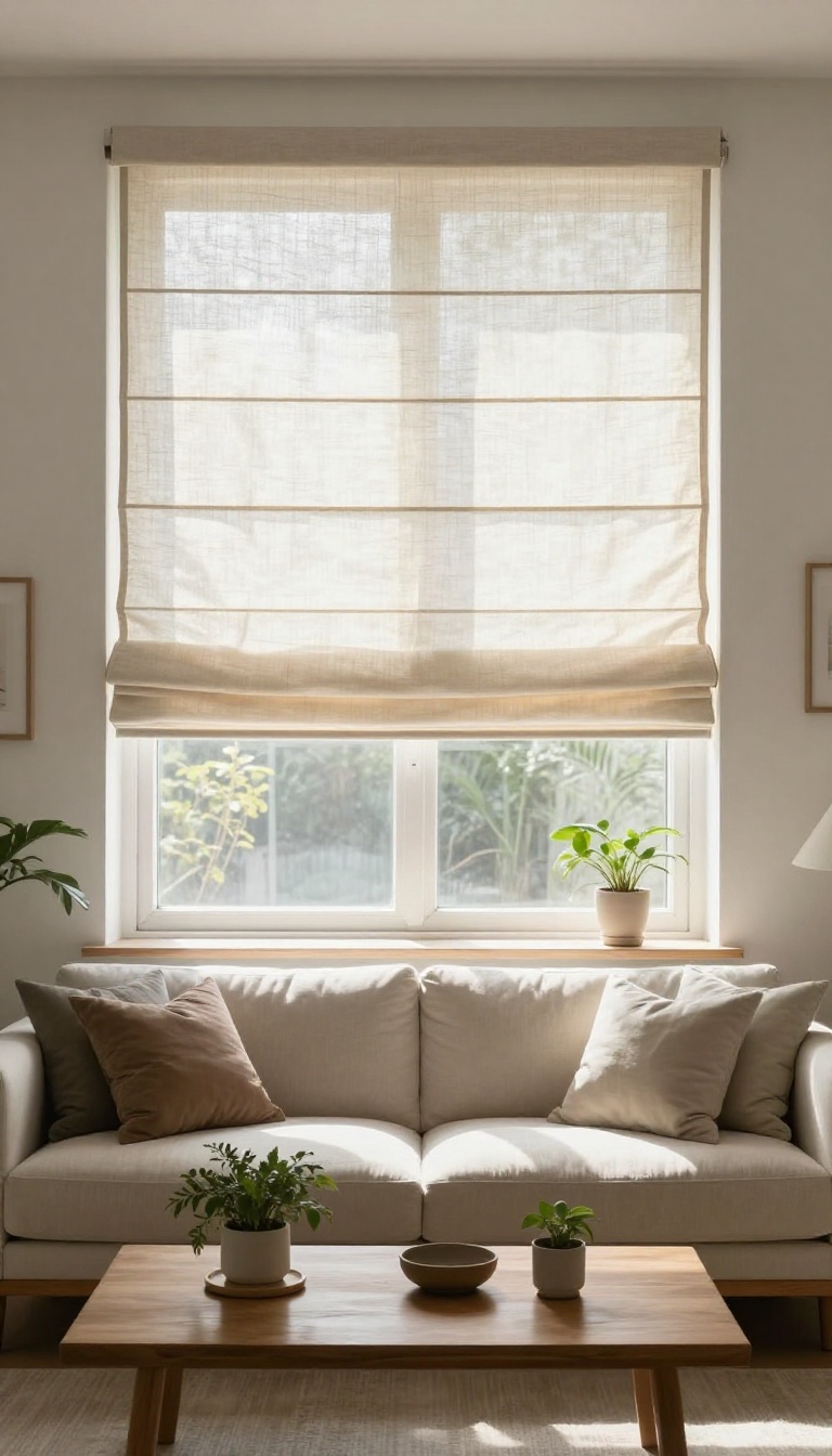 Living room with soft linen Roman shades partially raised, allowing natural light to filter through, creating a warm and elegant atmosphere.