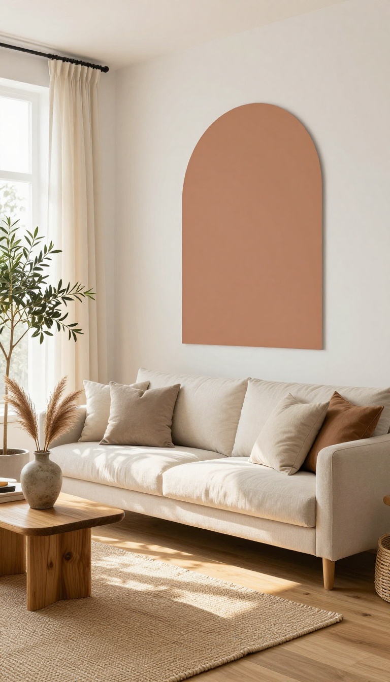 Bright living room with a painted terracotta arch on a white wall above a cream sofa and natural decor