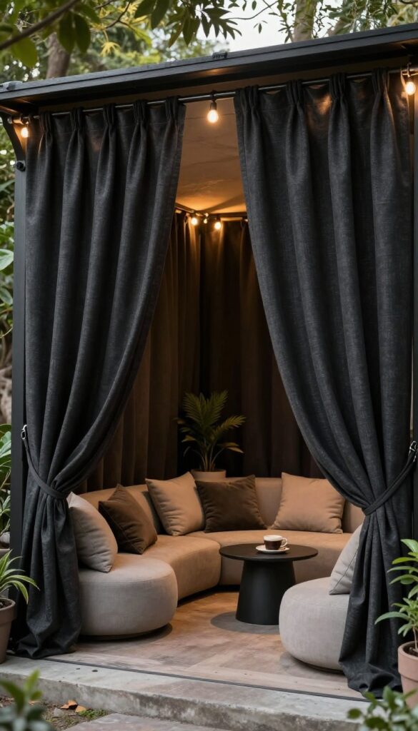 Outdoor patio with blackout curtains for total privacy, featuring cozy seating and warm string lights.