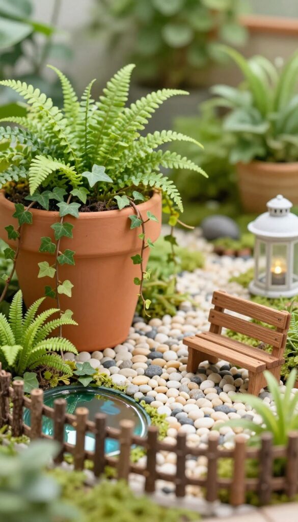 A miniature fairy garden in a terracotta pot with tiny plants and whimsical accessories on a patio table.