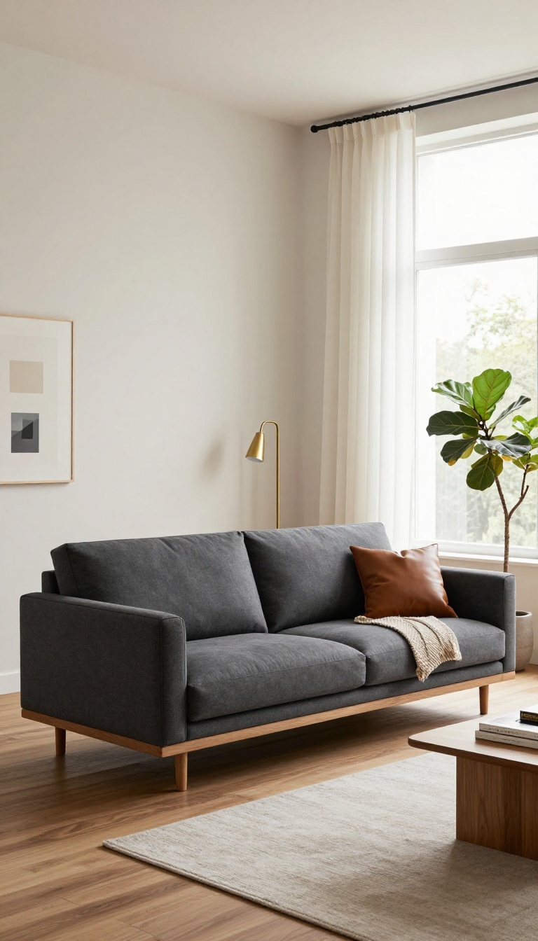 Dark charcoal statement sofa with clean lines in a bright polished men's living room with natural light