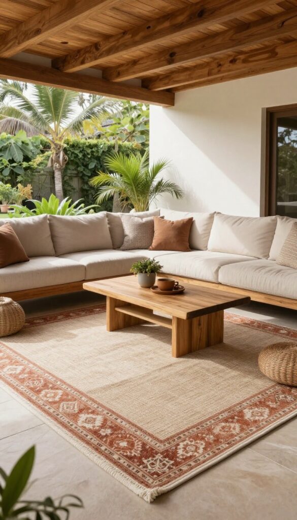 Layered outdoor rugs on a covered patio define the seating area, adding warmth and style.