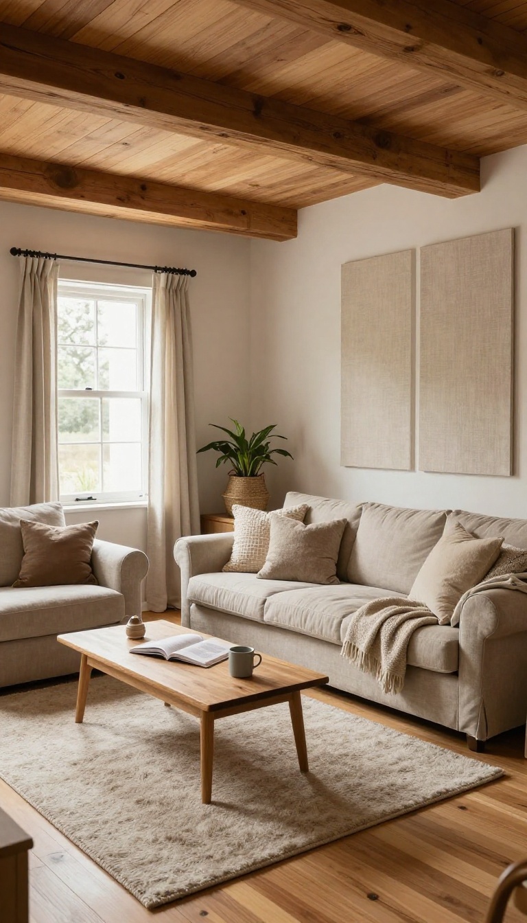 Cozy attic living room with sloped ceiling, thick rug, heavy curtains, and soft acoustic panels that keep the space warm and quiet