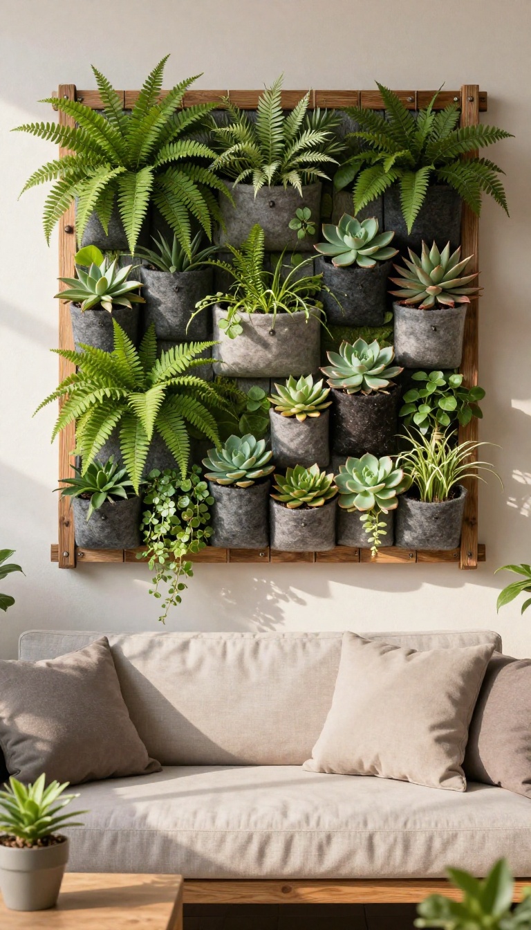 A patio with a vertical garden wall providing natural privacy, featuring ferns, succulents, and vines in a modular system.