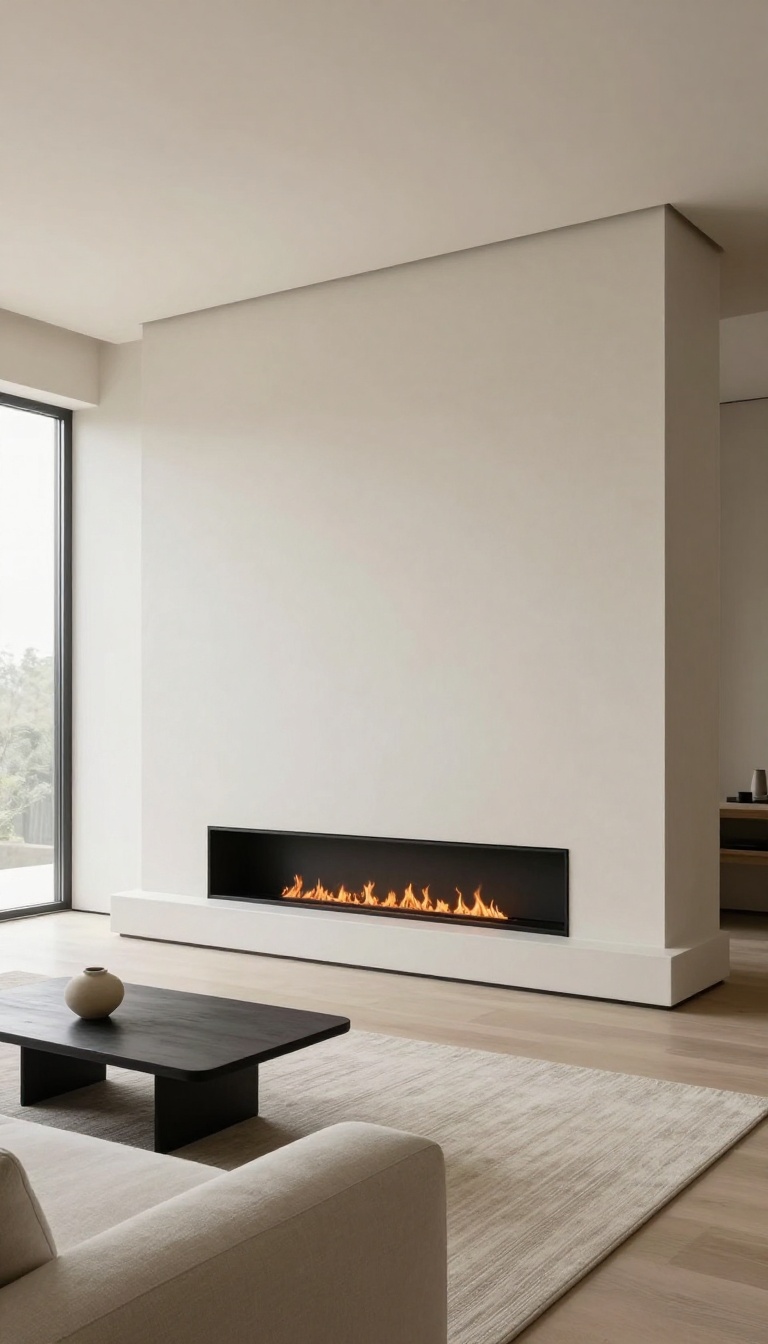 Modern luxury living room with a sleek linear gas fireplace in a smooth plaster wall and a floating media console, styled with a neutral sofa and bright natural light