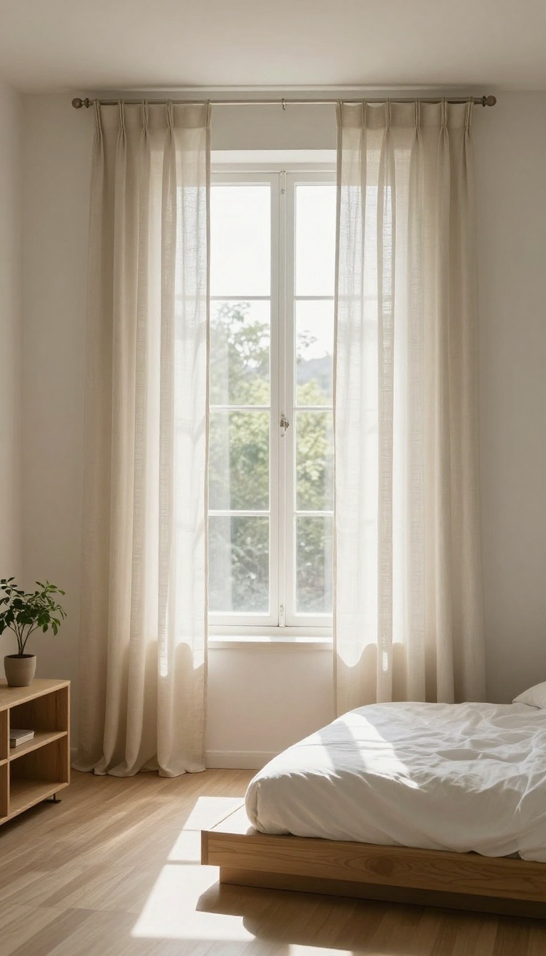 Small Korean-style bedroom with floor-length cream curtains hung high and wide near the ceiling to make the room feel taller