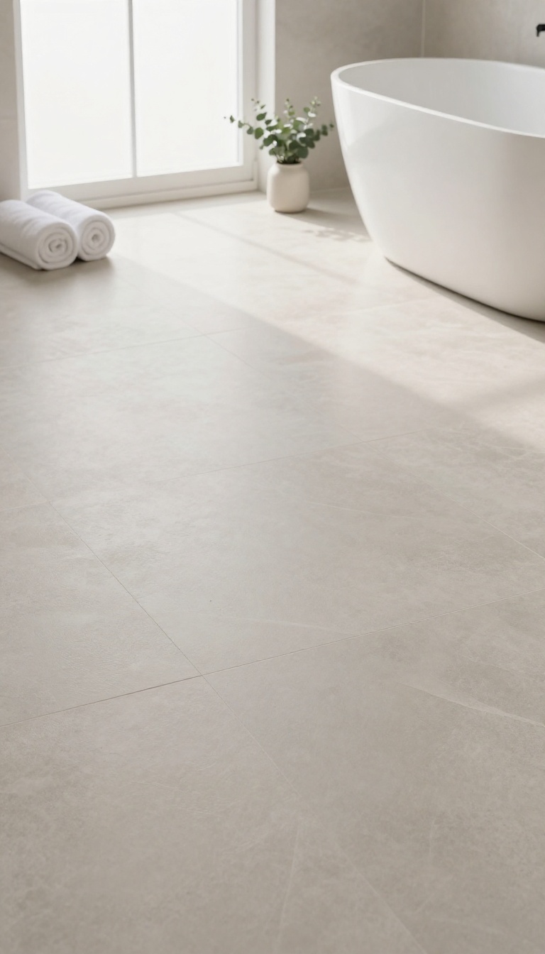 Modern bathroom floor with large-format matte porcelain slabs and minimal grout lines in bright natural light
