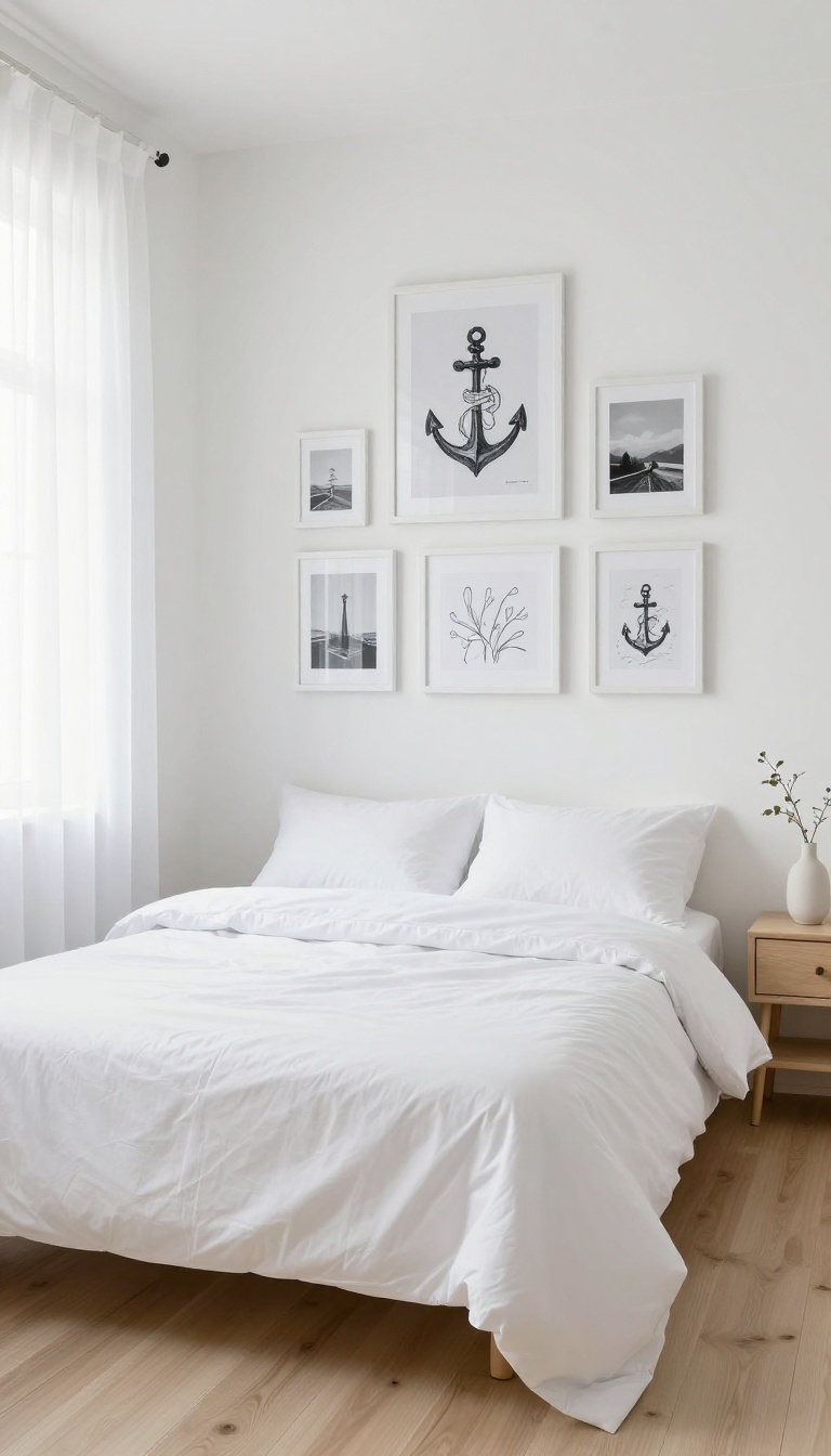 Small white bedroom with a gallery wall of white-framed art above a white bed in bright natural light