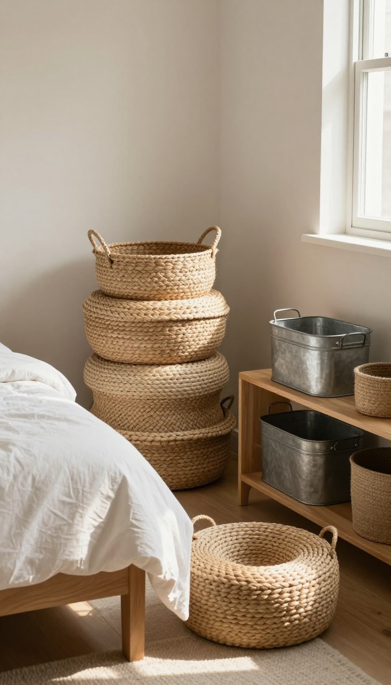 Small bedroom corner decorated with stacked woven baskets and bins in warm natural light