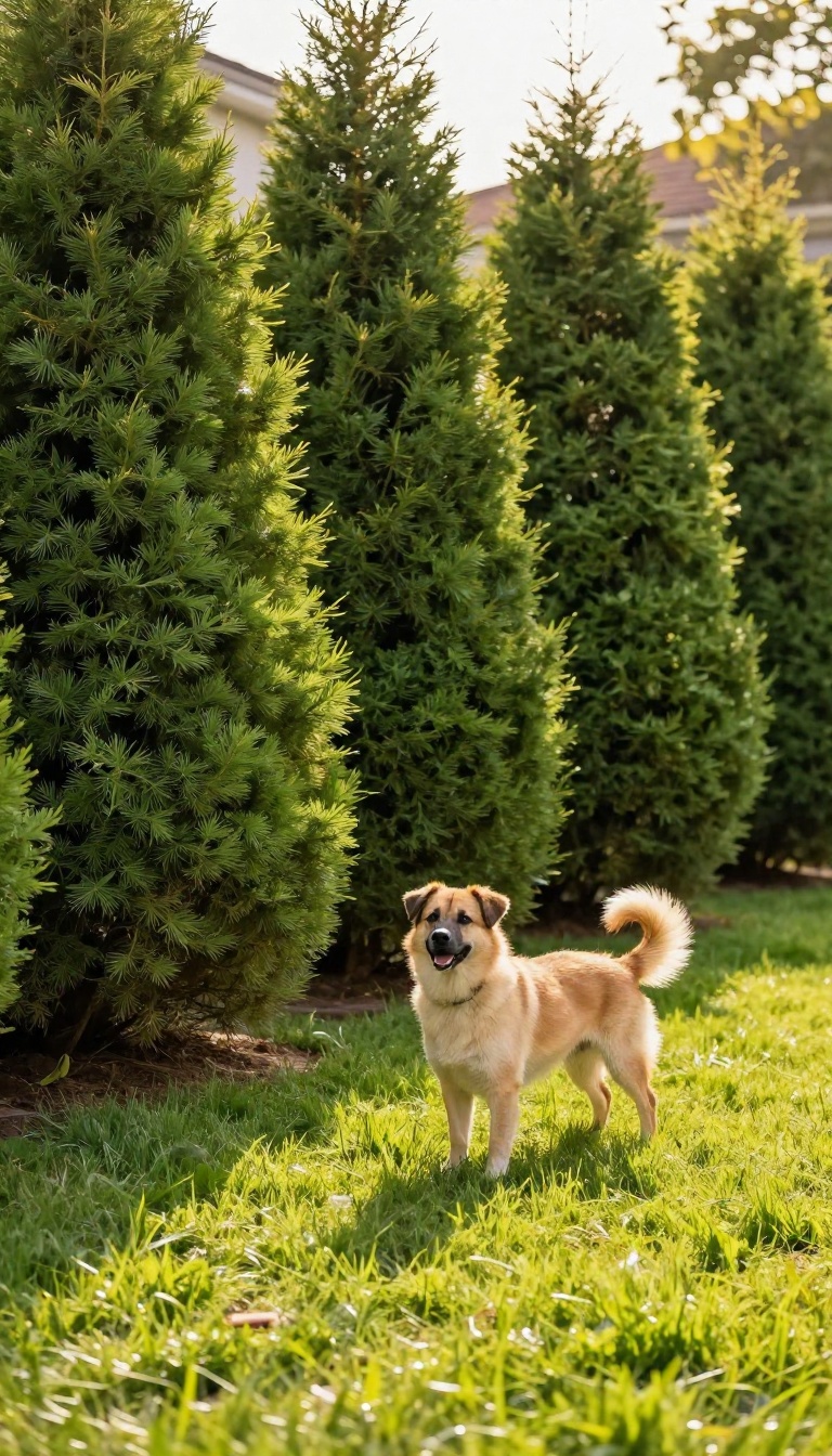 Dense green living hedge fence forming a natural dog-safe backyard boundary with a dog standing on the lawn