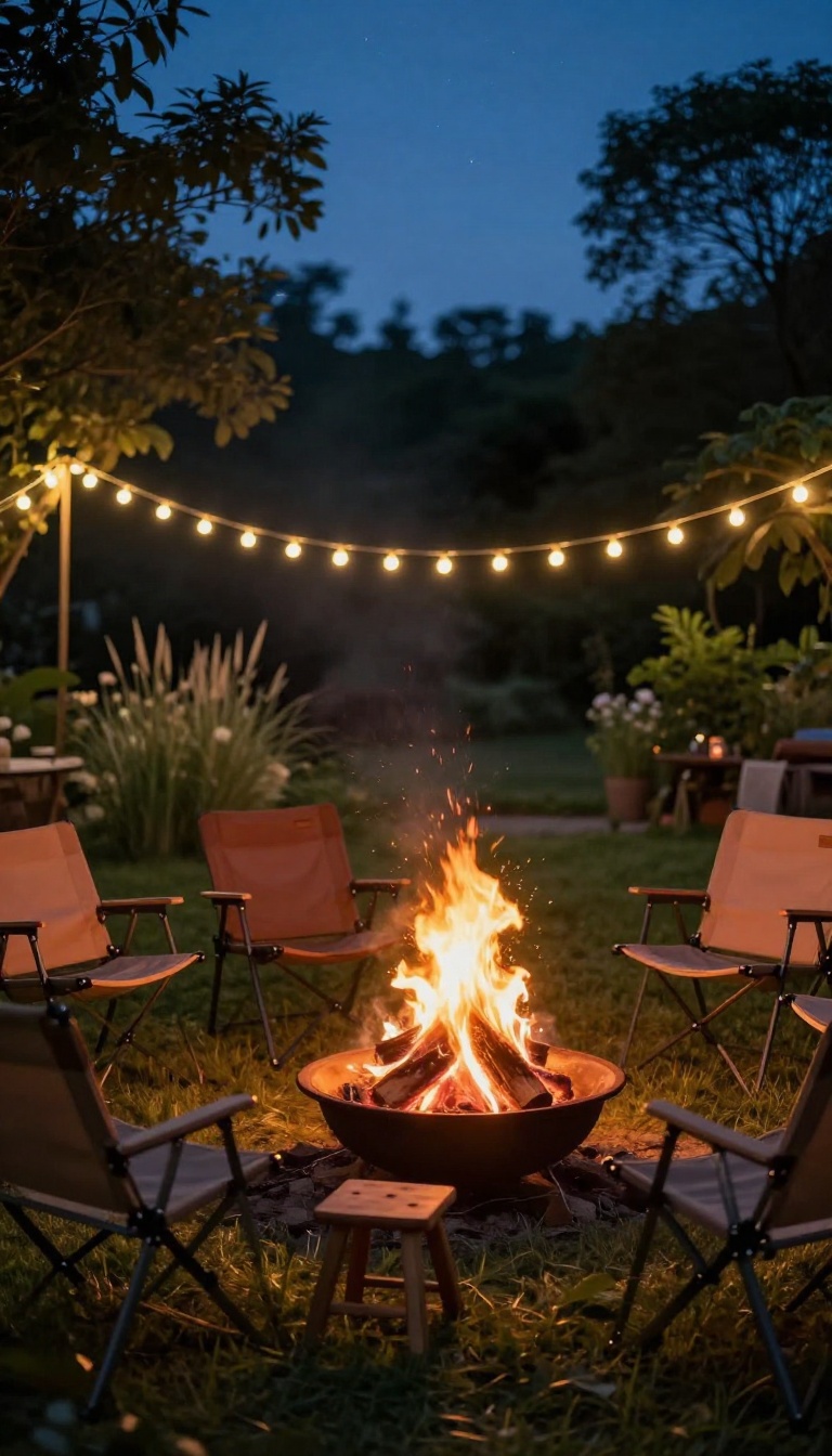 Backyard campfire with chairs arranged in a semicircle and string lights overhead, set up for a talent show