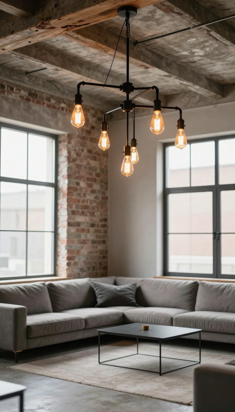 Industrial living room chandelier with exposed metal piping and warm Edison bulbs hanging in a loft with exposed brick walls