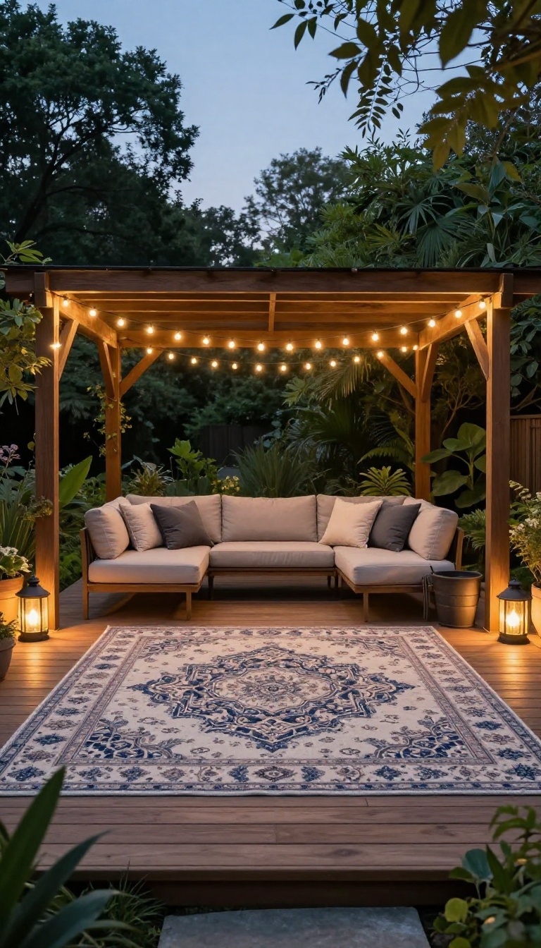 Cozy backyard gazebo at dusk with a large outdoor rug, warm string lights, and glowing lanterns creating a defined ambient living space