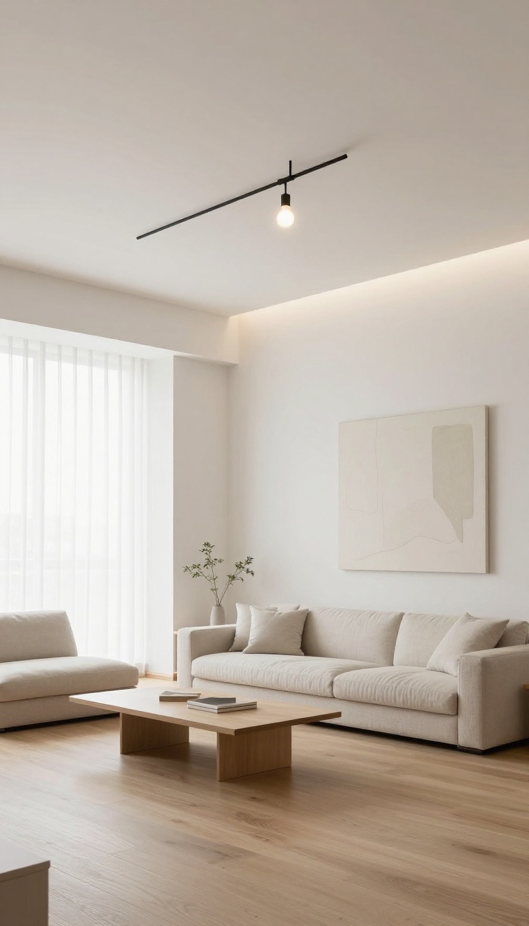 Bright minimalist living room with a slim matte black linear chandelier and neutral furniture in an open-concept space