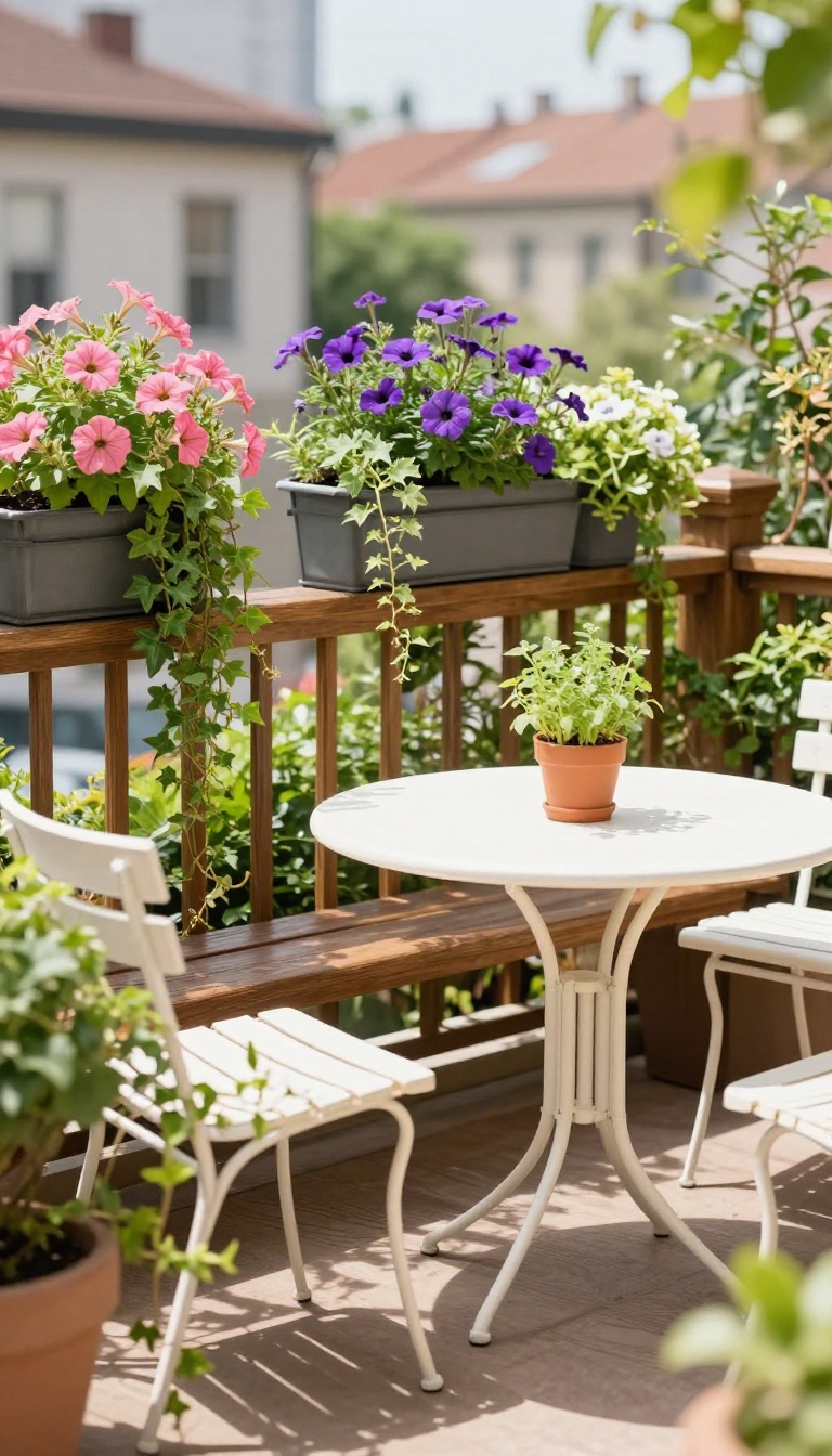Rail planters on a small patio railing filled with greenery and flowers for privacy