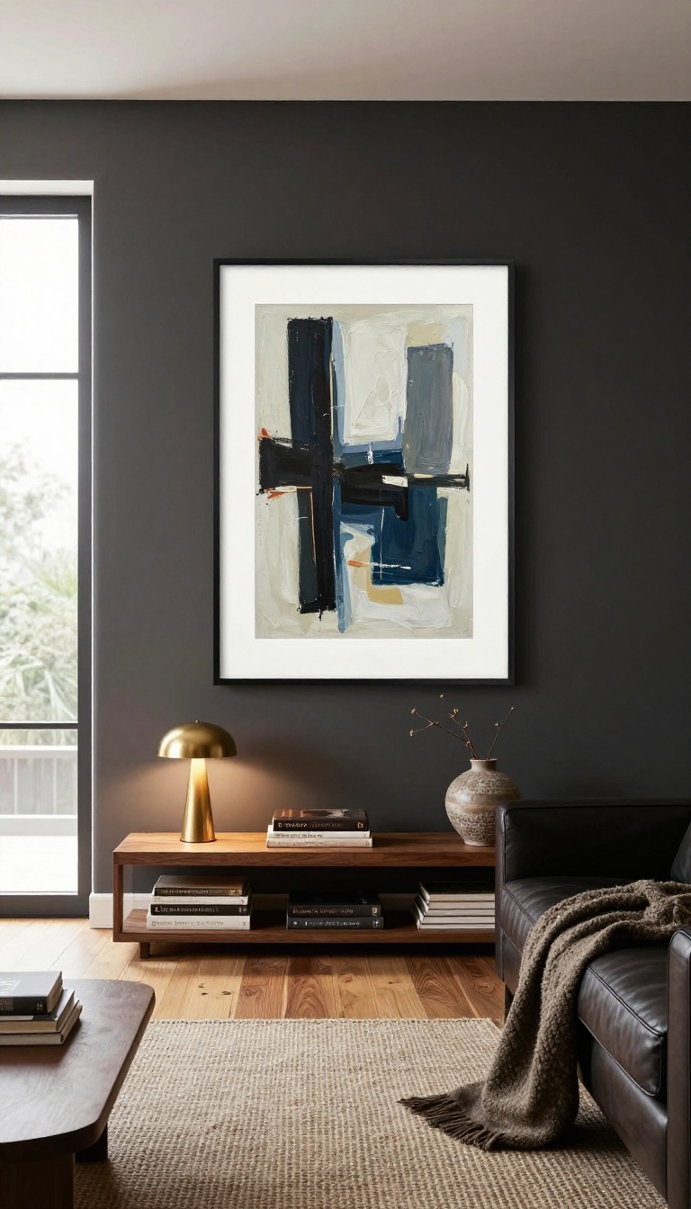 A large framed abstract painting hung at eye level above a walnut console in a masculine living room with a leather sofa and natural light.