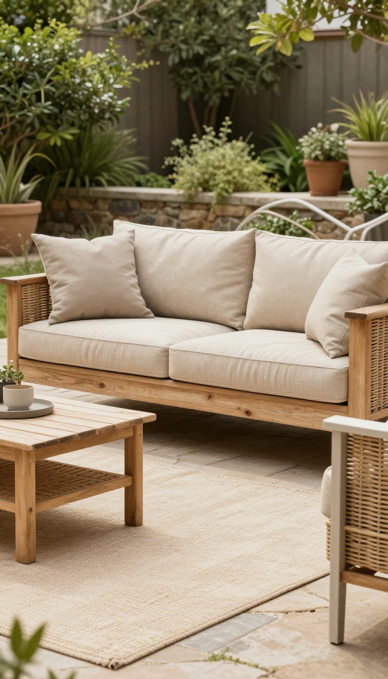 Weather-resistant teak, aluminum, and wicker patio furniture with quick-dry cushions arranged on an outdoor rug in a private courtyard