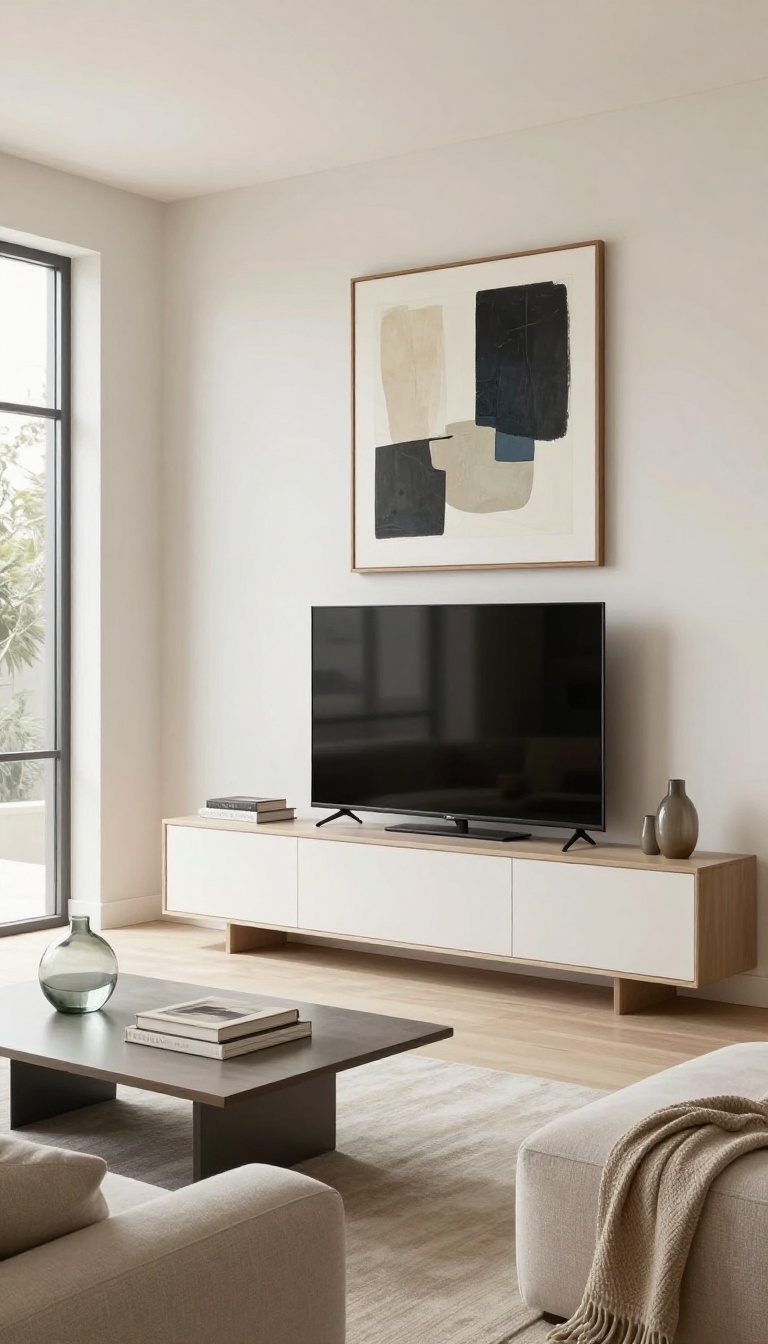 Hidden TV behind framed art in an elegant living room