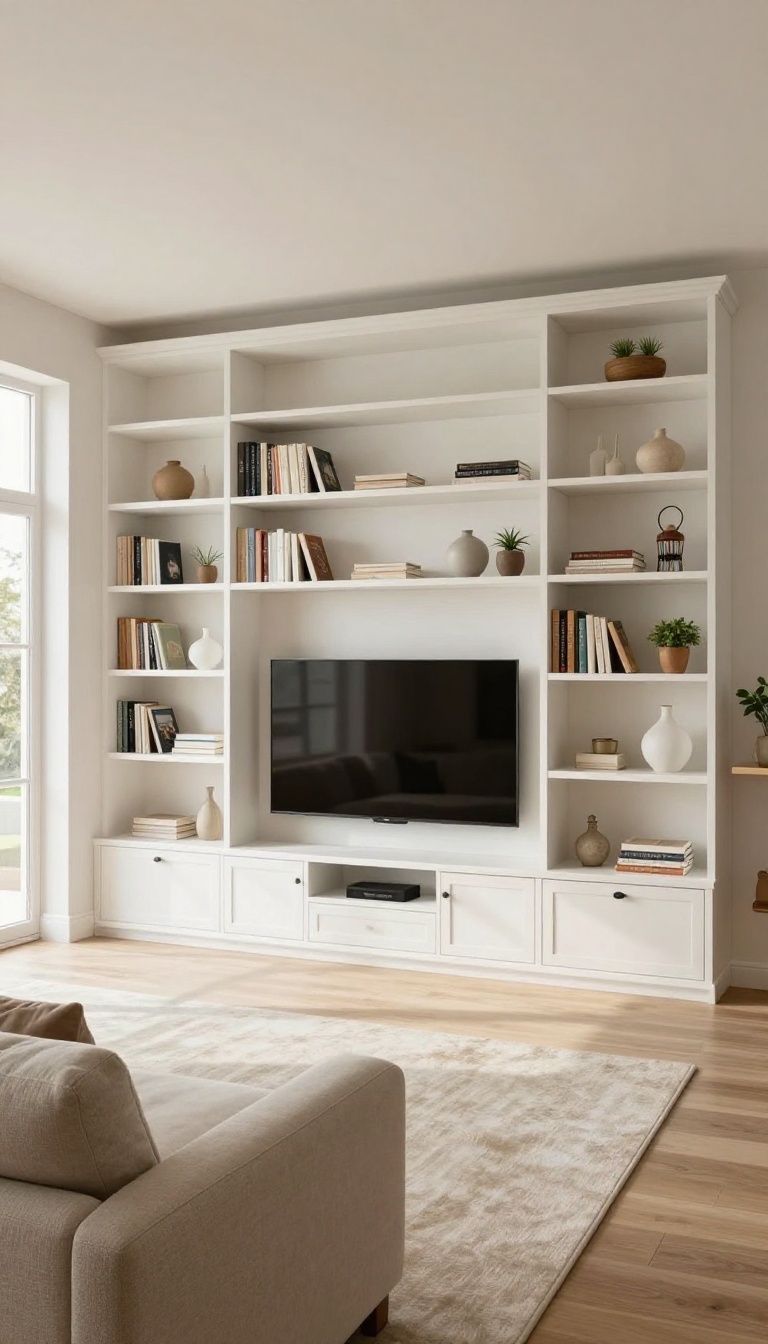 Custom built-in bookshelf entertainment center with TV in a bright, modern living room.